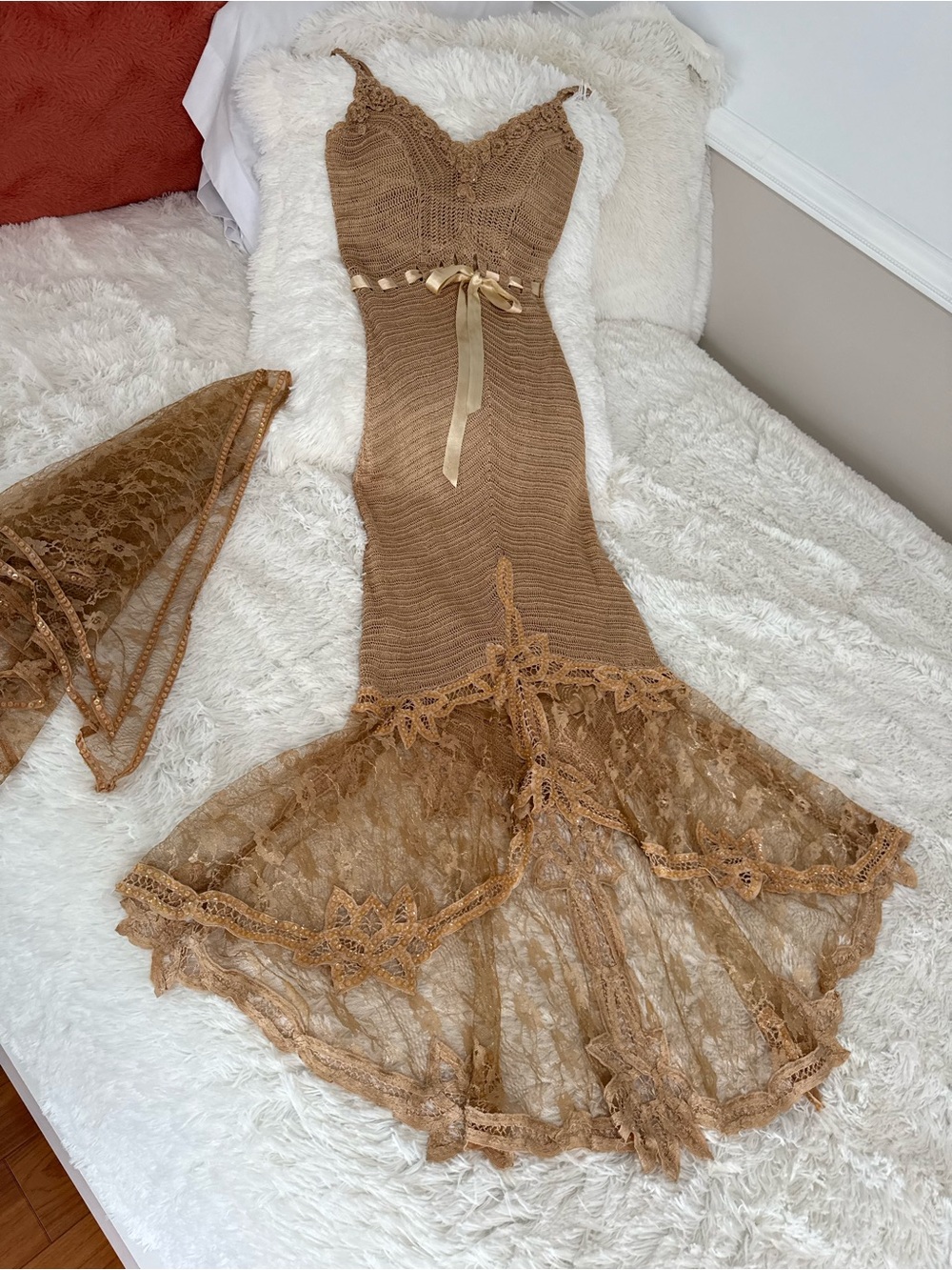 Archival Janine of London Gold Crochet Mermaid Gown Set w/ Matching Shawl — Rare